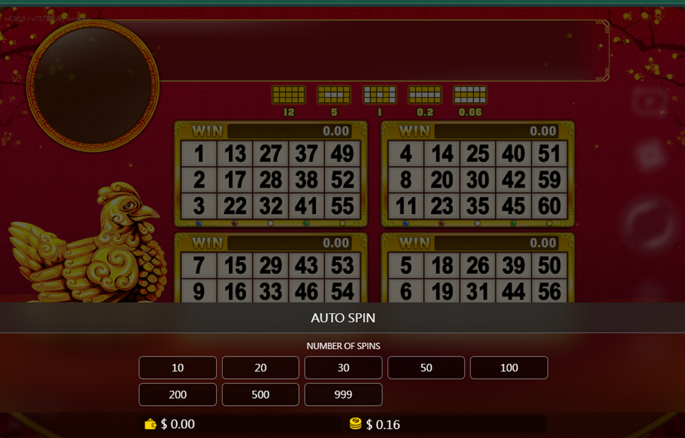 Gold Rooster - Auto Spin panel showing selectable spin counts from 10 to 999.