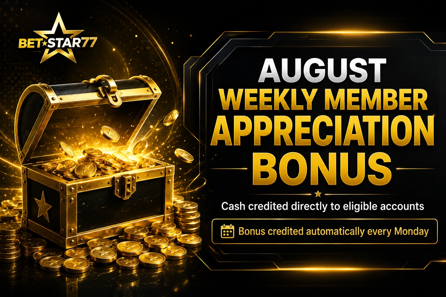 BETSTAR77 August Weekly Bonus rates