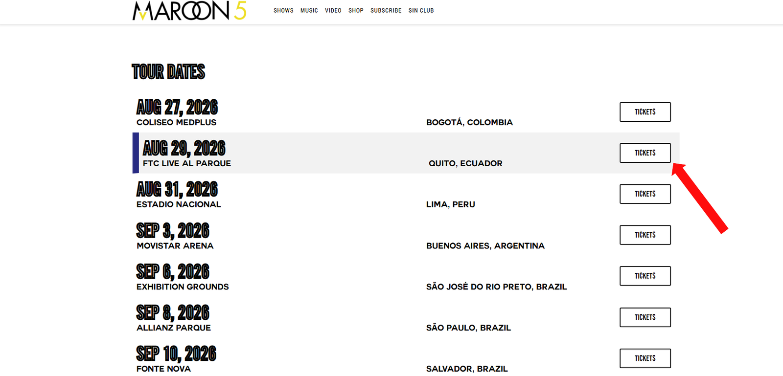 Ticket zones, the prices currently shown